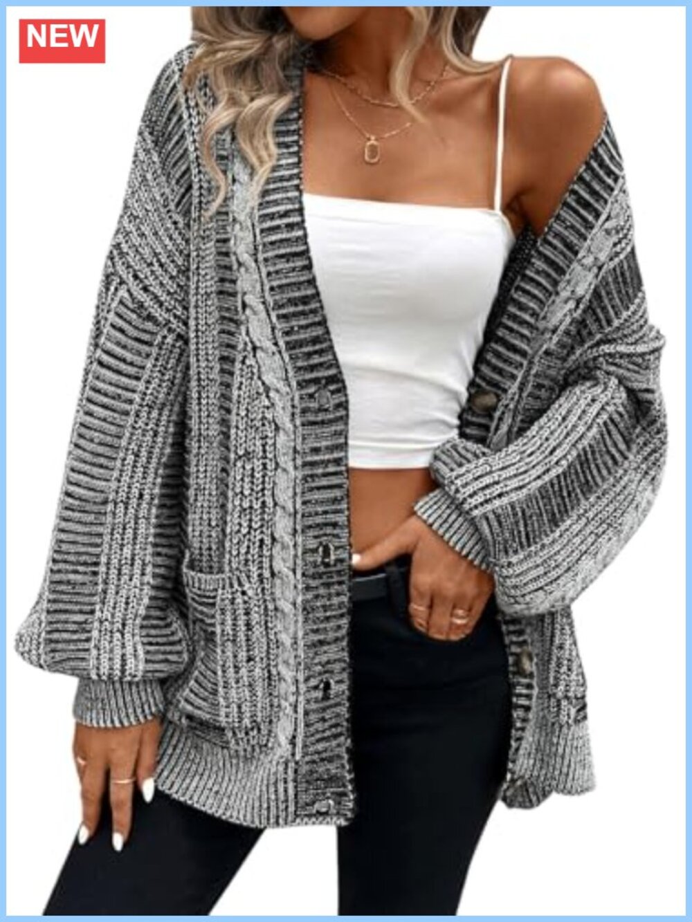 Oversized Cable Knit Open Front Cardigan Sweater with Pockets